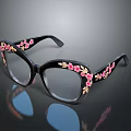 Jewelry Decorative Glasses with Black Frames Pink Flowers and Gold Accents