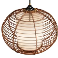 Set of Four Natural Woven Rattan Round Chandeliers With White Lampshades