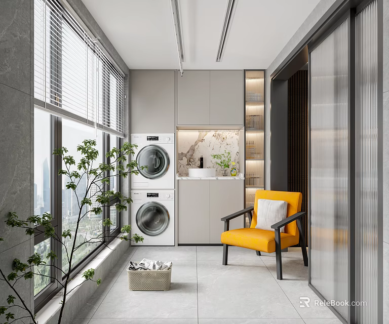 Home Balcony Interior With Washing Machine Yellow Chair And Green Plants 3d model 