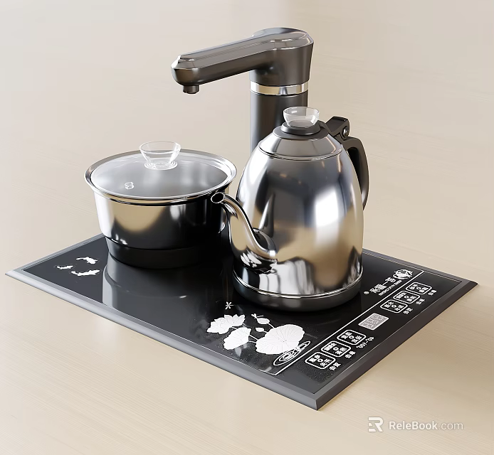 Modern Electric Hot Plate With Stainless Steel Kettle And Covered Pot 3d model 
