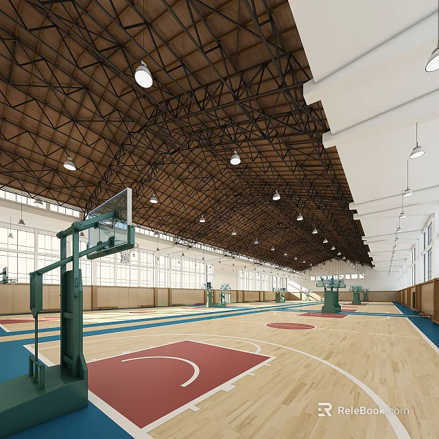 Spacious Basketball Gym Interior With Multiple Hoops Wooden Flooring Arched Ceiling And Lighting Fixtures 3d model 
