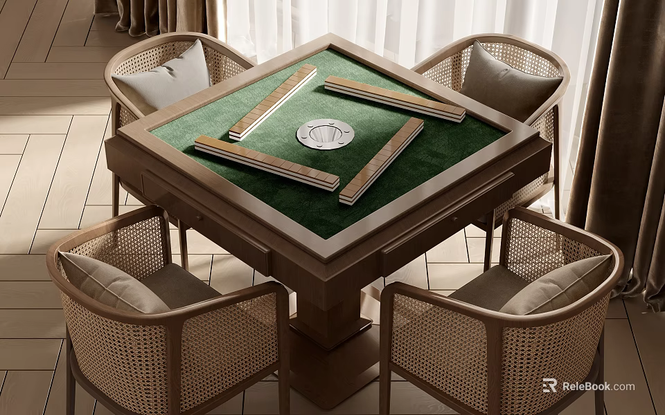 Modern Entertainment Table With Green Felt Surface Mahjong Tiles Dice And Four Rattan Chairs 3d model 