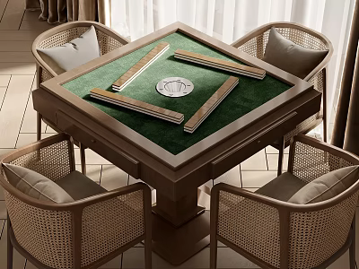 Modern Entertainment Table With Green Felt Surface Mahjong Tiles Dice And Four Rattan Chairs 3d model
