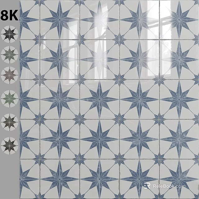 Blue And White Star Pattern Tiles With Various Color Samples On Left Side 3d model
