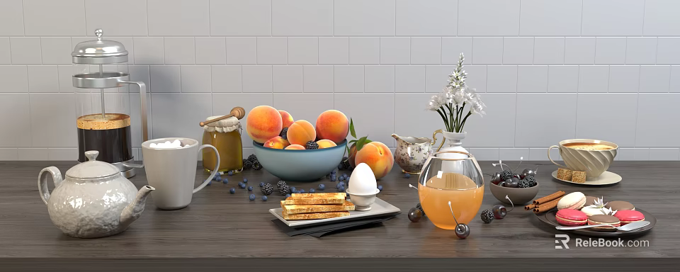 Delicious Fresh Breakfast Food with Peaches Blueberries Toast Honey and Orange Juice on Wooden Table 3d model 