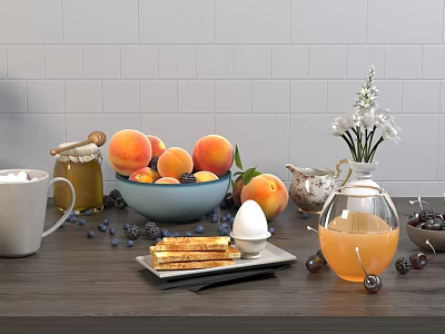 Delicious Fresh Breakfast Food with Peaches Blueberries Toast Honey and Orange Juice on Wooden Table 3d model