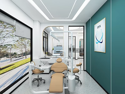 Modern Dental Clinic Interior Design With Green Wall Large Window And Dental Chair 3d model