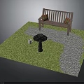 Outdoor Patio Scene With Wooden Bench Plaid Cushions Gray Stone Path And Black Birdbath