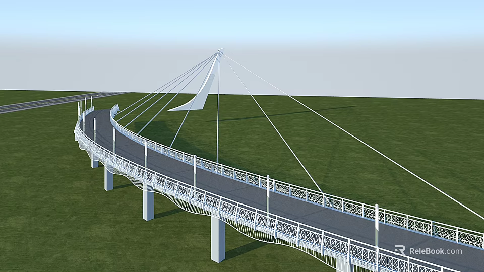 Scenic Cable Stayed Bridge With White Railings Black Deck Green Grass And Blue Sky 3d model 