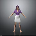 A woman with purple hair wearing purple shirt and white skirt barefoot on grey background