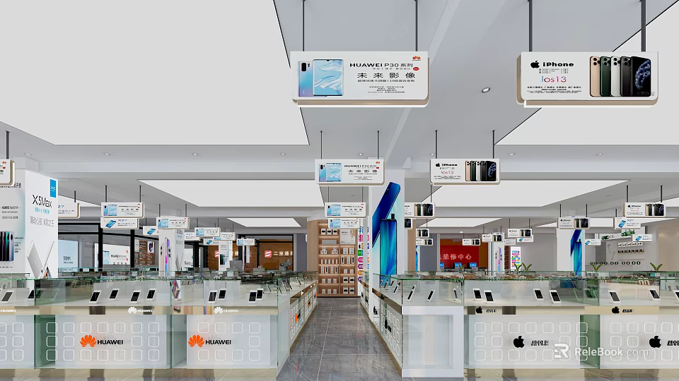 Spacious Digital Store Interior With Glass Display Counters Hanging Billboards And Tech Products 3d model