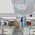 Spacious Digital Store Interior With Glass Display Counters Hanging Billboards And Tech Products 3d model
