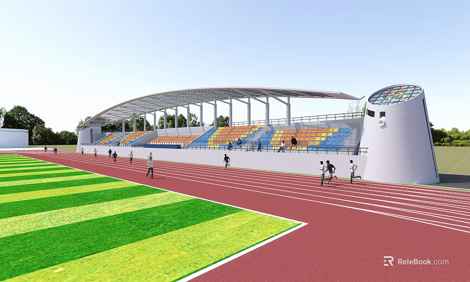 Sports Stadium Featuring Red Running Track Green Grass Field Colorful Stands And Curved Roof 3d model 