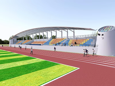Sports Stadium Featuring Red Running Track Green Grass Field Colorful Stands And Curved Roof 3d model
