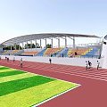 Sports Stadium Featuring Red Running Track Green Grass Field Colorful Stands And Curved Roof