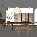 Modern Restaurant Interior With Wooden Dining Table Japanese Style Screen And Round Lantern Light
