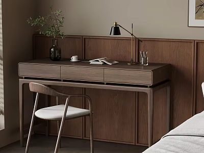 Modern Home Study Workspace With Wooden Desk Chair Plant And Table Lamp 3d model