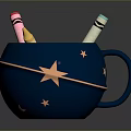 Blue Decorative Cup with Star Patterns and Gold Accents holding Colored Crayons