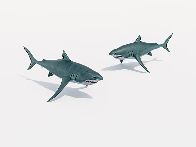 Two Large Grey Sharks With Open Mouths Swimming In Ocean Water 3d model
