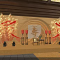 Traditional Chinese Interior Featuring Red Lanterns Bamboo Decorations Wooden Beams And Circular Longevity Character