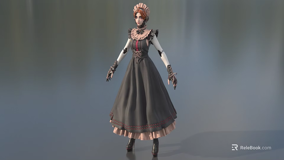 Game Fantasy Character In Gray Dress With Pink Trim Bonnet Lace Gloves And Black Boots 3d model 