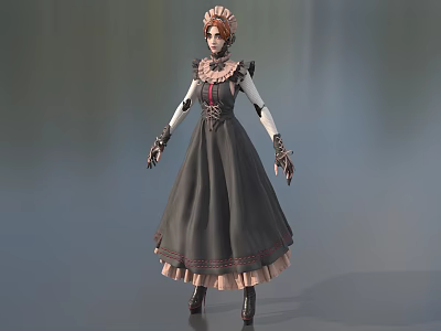 Game Fantasy Character In Gray Dress With Pink Trim Bonnet Lace Gloves And Black Boots 3d model