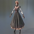 Game Fantasy Character In Gray Dress With Pink Trim Bonnet Lace Gloves And Black Boots