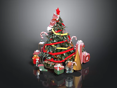 Christmas Tree Decorated With Red Star Ribbons Gift Boxes And Candy Canes 3d model