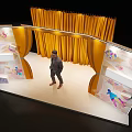 2024 Stage With Yellow Curtains Colorful Planets Cartoon Patterns And Man Standing