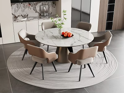 Modern Kitchen Interior With Round Marble Dining Table And Six Chairs 3d model