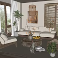 Cozy Natural Living Room With Beige Sofa Wooden Armchairs Green Plants And Rattan Pendant Light