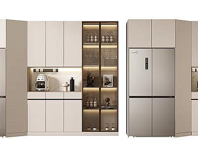 Modern Kitchen With Built in Wine Cabinet Glass Doors And Stainless Steel Refrigerator 3d model