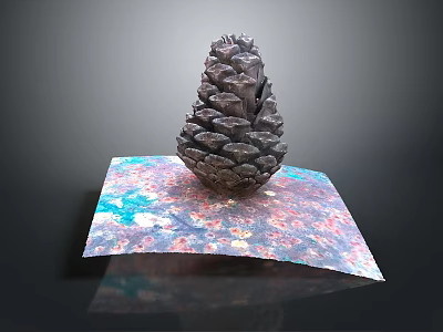 Detailed Pinecone Resting On Colorful Patterned Paper Against Gray Background 3d model