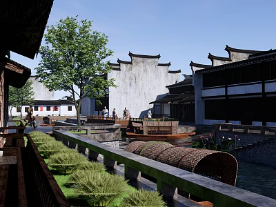 Traditional Chinese Commercial Landscape With White Walls Black Tiles Water Pond Green Plants And Pedestrians 3d model