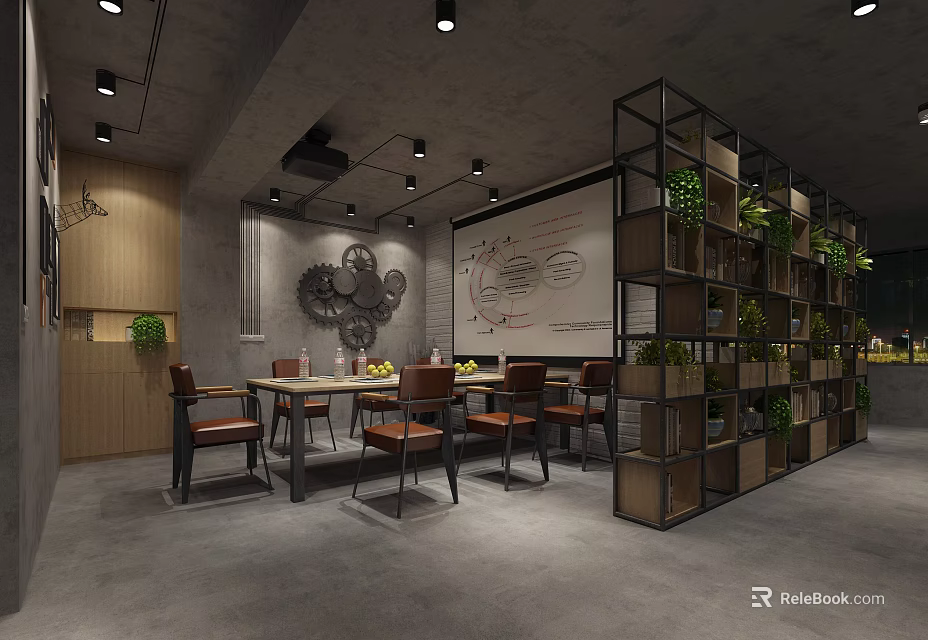 Modern Conference Room with Gear Decor Whiteboard Charts Metal Shelf Green Plants Tables Chairs Spotlights 3d model 