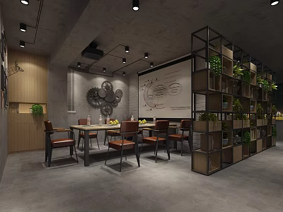 Modern Conference Room with Gear Decor Whiteboard Charts Metal Shelf Green Plants Tables Chairs Spotlights 3d model