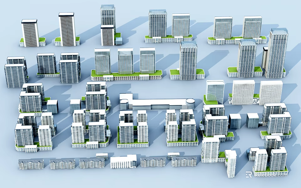 Modern Office Buildings With Various Designs Different Heights And Green Spaces 3d model 