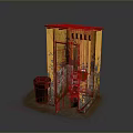 Small Yellow Building with Red Roof and Weathered Wooden Door and Trash Can Nearby