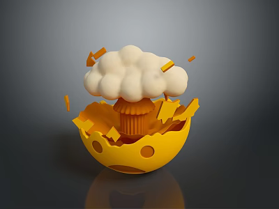 Cracked Yellow Eggshell With White Cloud Like Object And Flying Orange Fragments 3d model