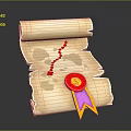 Rolled Parchment With Red Footprint Trail And Red Seal With Pink Yellow Ribbon