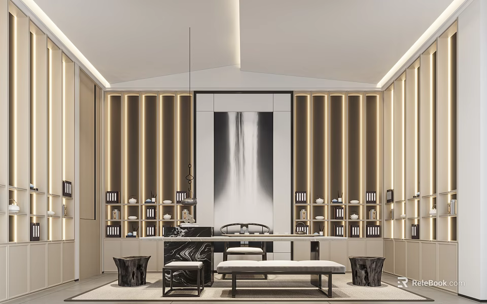 Modern Tea Room Interior With Wooden Partitions Waterfall Painting And Tea Utensil Display Shelves 3d model 
