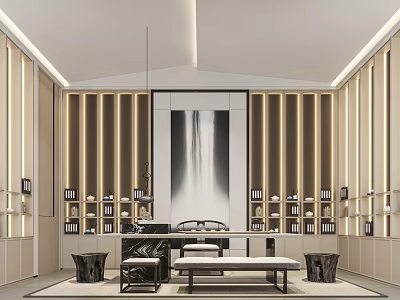 Modern Tea Room Interior With Wooden Partitions Waterfall Painting And Tea Utensil Display Shelves 3d model