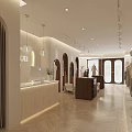 Modern Clothing Store Interior with Arched Doorways Pendant Lights Wooden Counter and Herringbone Flooring