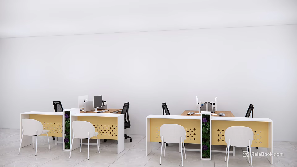 Modern Office Desk Setup With White Chairs Computers And Open Layout Design 3d model