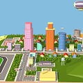 Cartoon City Scene With Colorful Tall Buildings Low Rise Structures Green Lawns And Trees
