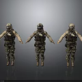Three Camouflage Tactical 3D Model Figures With Military Gear And Helmet