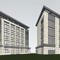 Modern Office Building With Glass Curtain Wall Stone Facade Green Lawn And Blue Sky