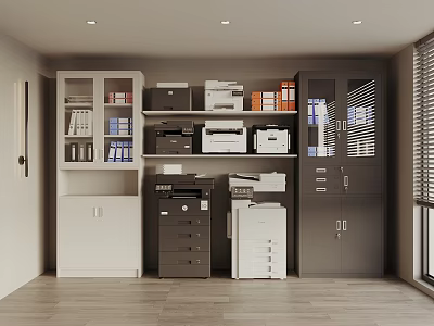 Modern Office Space With Office Appliances Printers Filing Cabinets And Shelves 3d model