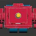 Red Vintage Robot Toy Standing On Black Reflective Surface With Blue Base And Chest Buttons