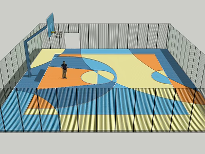 Indoor Basketball Court Interior With Colorful Geometric Floor And Basketball Hoop 3d model
